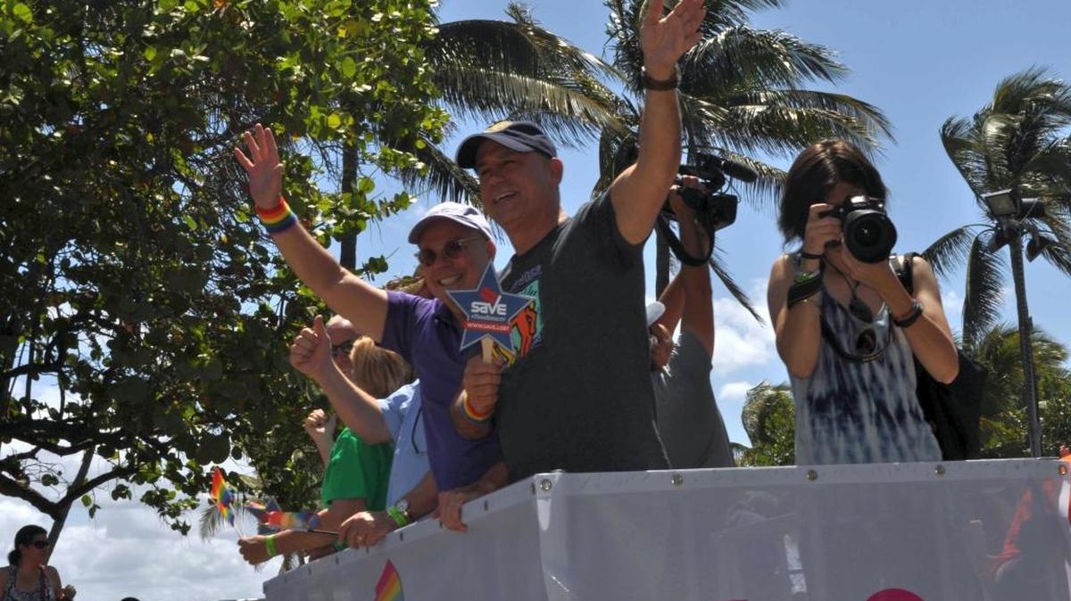 State Rep. David Richardson, D-Miami Beach, and Miami Beach Mayor Philip Levine on Sunday aboard the SAVE float at the annual Miami Beach Gay Pride Parade.