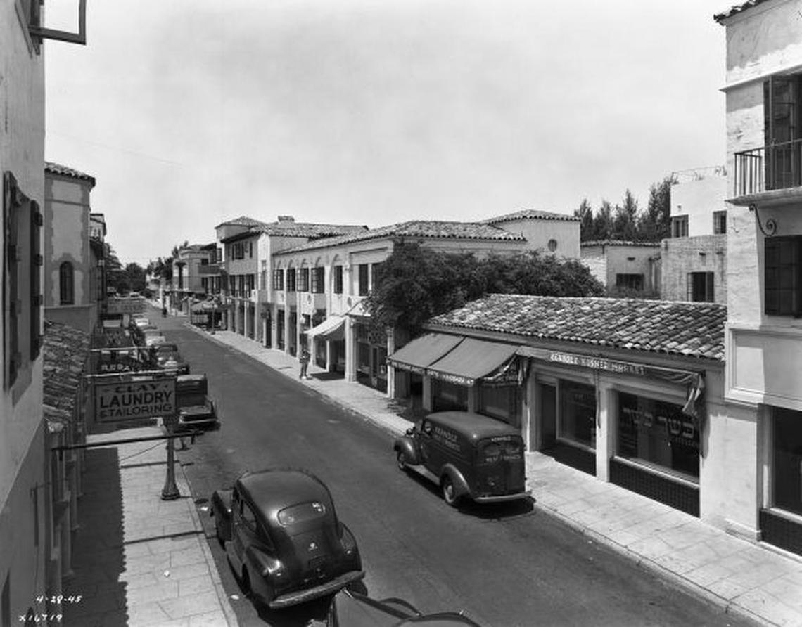 Bird's eye view looking west along Española Way in Miami Beach.