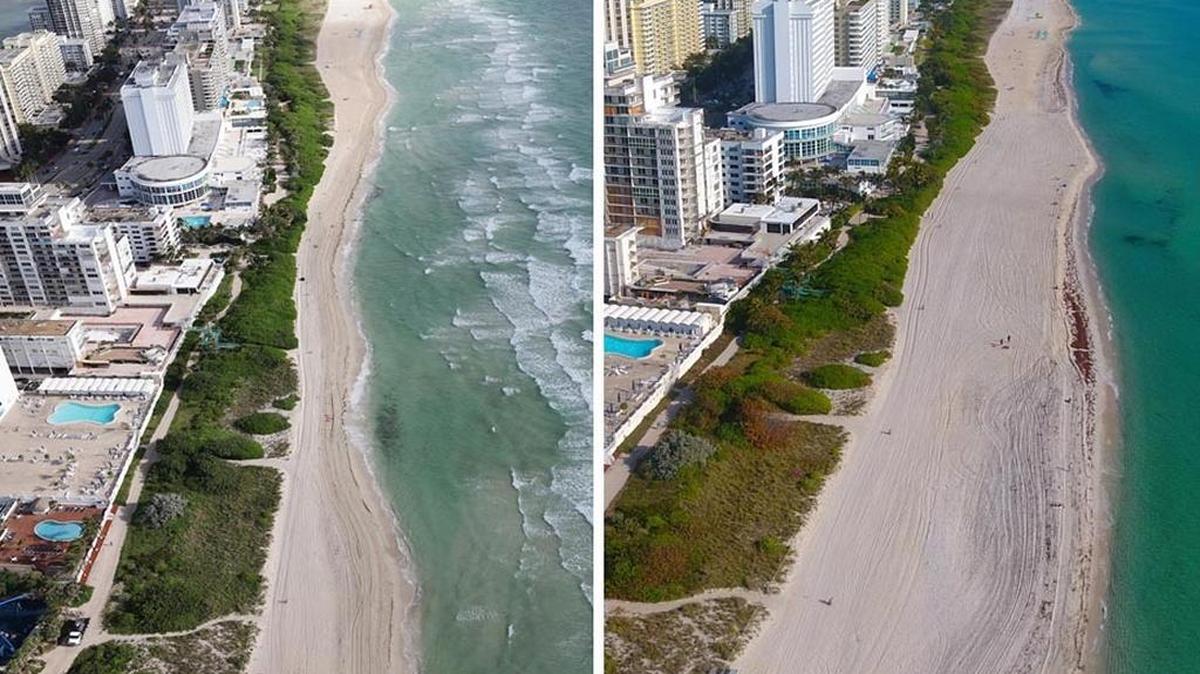 Before and after: On the left is the badly eroded 54th Street section. The photo on the right shows the same section after the widening was finished in late February.