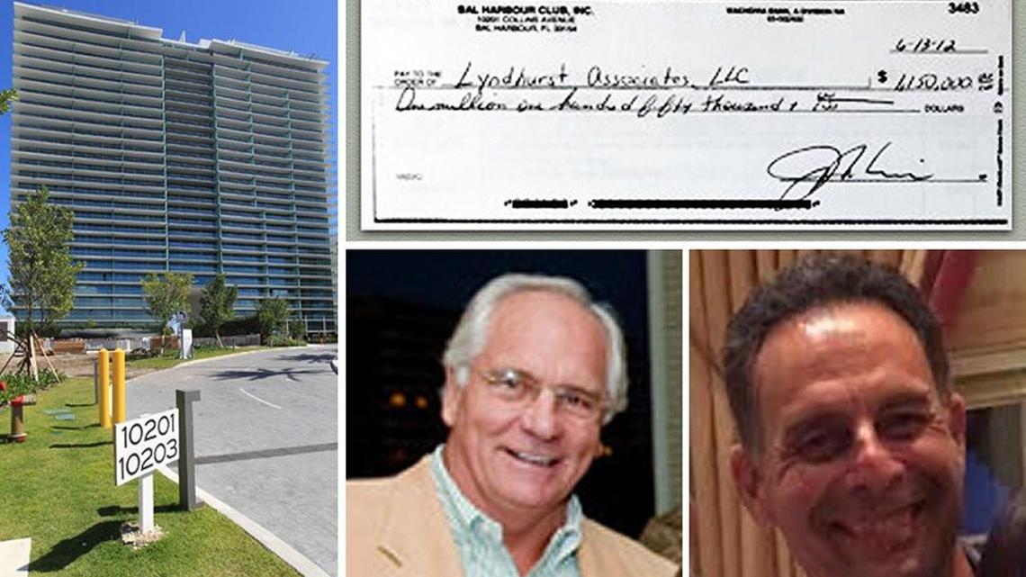 Joseph Imbesi (middle) and Doug Rudolph (bottom right) are engaged in a vicious feud over a $1.15 million check (top right). The money stems from the land that became the Oceana Bal Harbour (left).