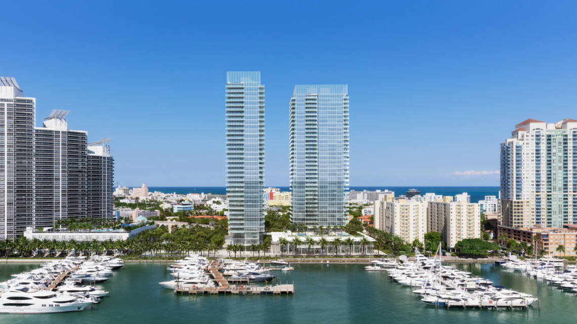 Rendering of the proposed two-tower development at the Miami Beach Marina.