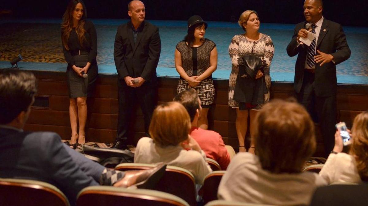 A discussion about sex trafficking Tuesday night at the Colony Theatre in Miami Beach featured, from left, Maria Clara Rodriguez, Project GOLD director; Nathan Earl, founder of Ark of Freedom; Olivia Turner, South Florida director of Refuge for Women; Carmen Duran, victim specialist for the Miami-Dade State Attorney's Office; and Special Agent Victor Williams, coordinator for the South Florida Human Trafficking Task Force.