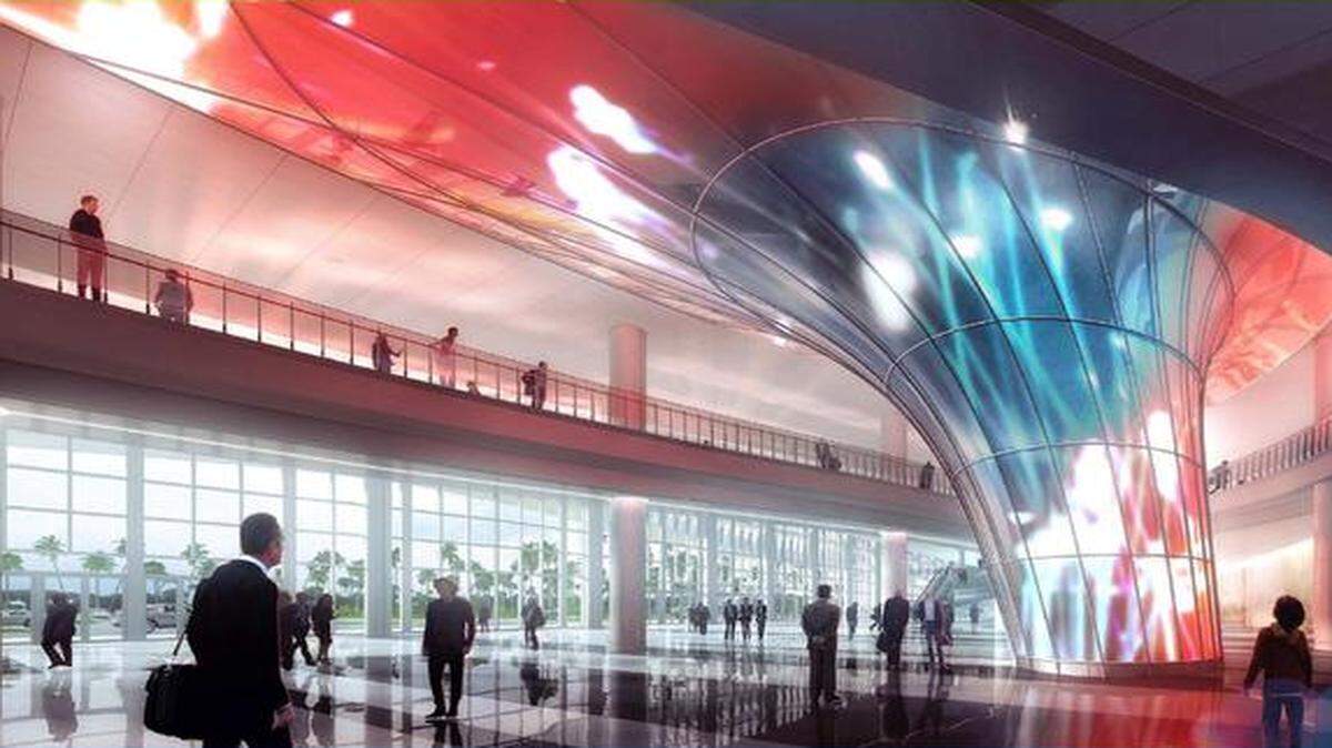 
This image shows a vortex-shaped media screen that would be in the lobby of the renovated Miami Beach Convention Center.
