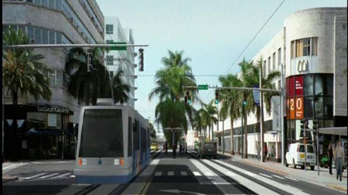 An early rendering of a proposed Bay Link streetcar along Washington Avenue in South Beach.