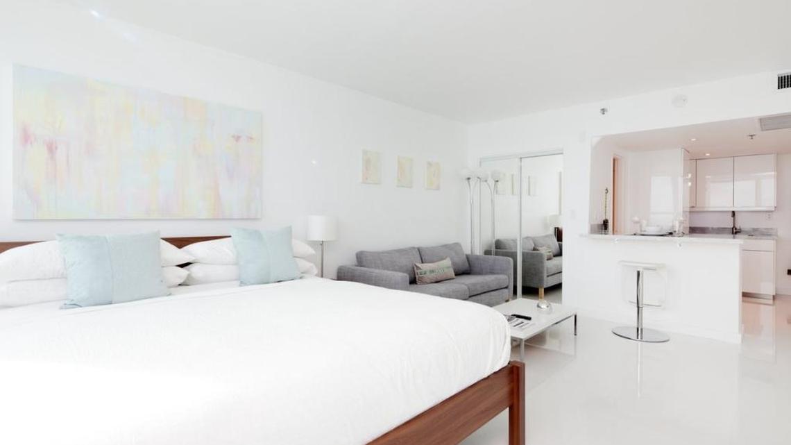 The interior of a Miami Beach condo listed for rent on Airbnb.