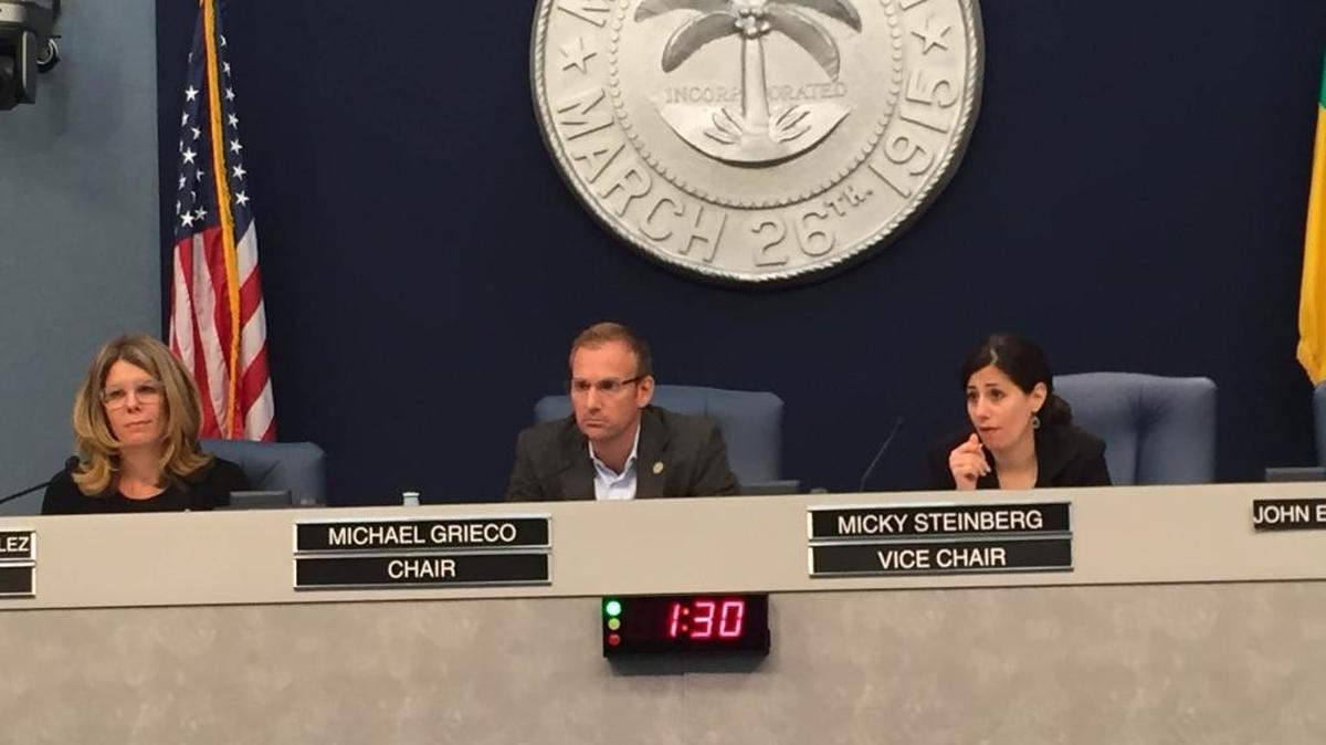 From left, Miami Beach Commissioners Kristen Rosen Gonzalez, Michael Grieco and Micky Steinberg discuss items at Friday’s Neighborhood/Community Affairs Committee meeting.