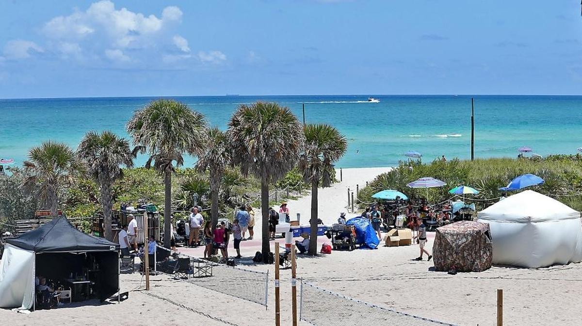 Crews film along Miami Beach near 72nd Street on Thursday for the upcoming season of the FX series "American Crime Story," which will be about the murder of Gianni Versace.
