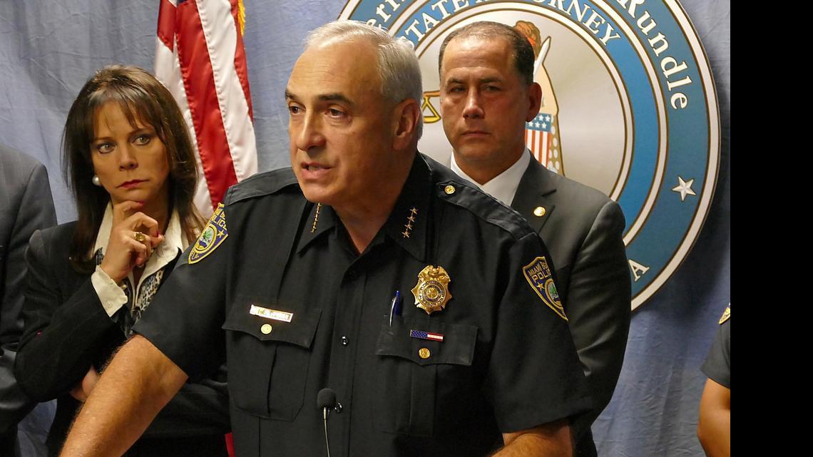 
WARNING: IMAGES CONTAIN OFFENSIVE MATERIAL. State Attorney Katherine Fernandez Rundle, Miami Beach Police Chief Dan Oates and Miami Beach Mayor Philip Levine hold a news conference regarding inappropriate emails by the Miami Beach Police Department on Thursday, May 14, 2015.
