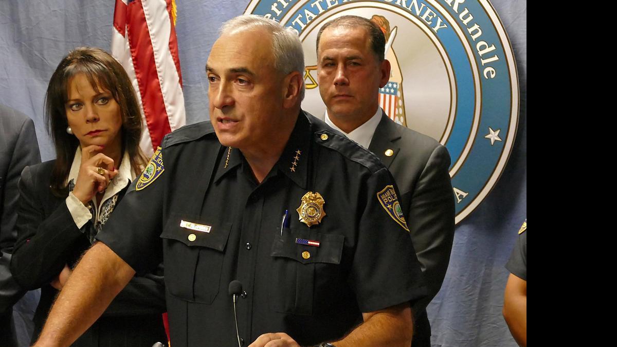 
WARNING: IMAGES CONTAIN OFFENSIVE MATERIAL. State Attorney Katherine Fernandez Rundle, Miami Beach Police Chief Dan Oates and Miami Beach Mayor Philip Levine hold a news conference regarding inappropriate emails by the Miami Beach Police Department on Thursday, May 14, 2015.
