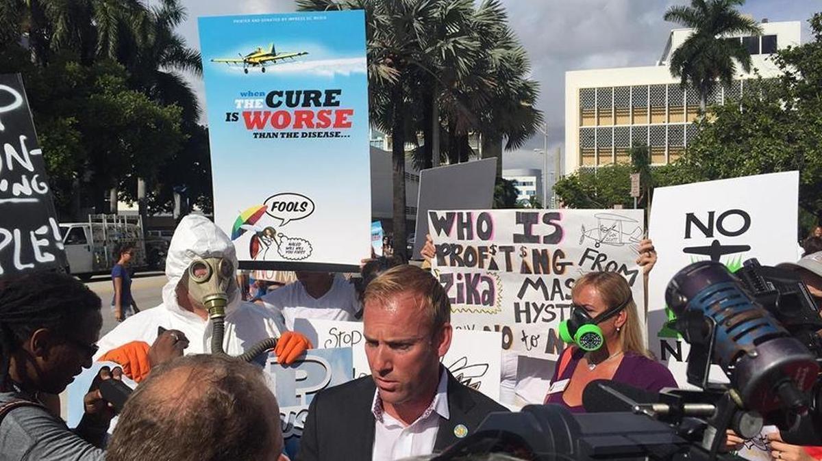 Michael Grieco spoke on behalf of hundreds of anti-Naled protestors outside Miami Beach City Hall during the Zika crisis. Some residents were concerned the insecticide could harm their health, although the EPA says it is safe when used appropriately.