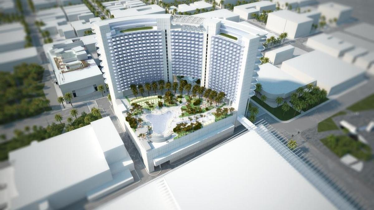 This rendering shows the overhead view of the proposed convention center hotel in Miami Beach. The 800-room hotel would be 288 feet tall.