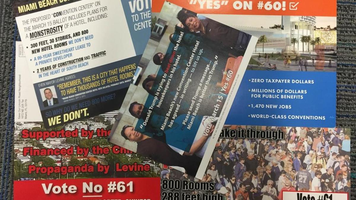 Several political committees mailed advertisements including these before the March 15 ballot question on a lease for a proposed convention center hotel in Miami Beach.
