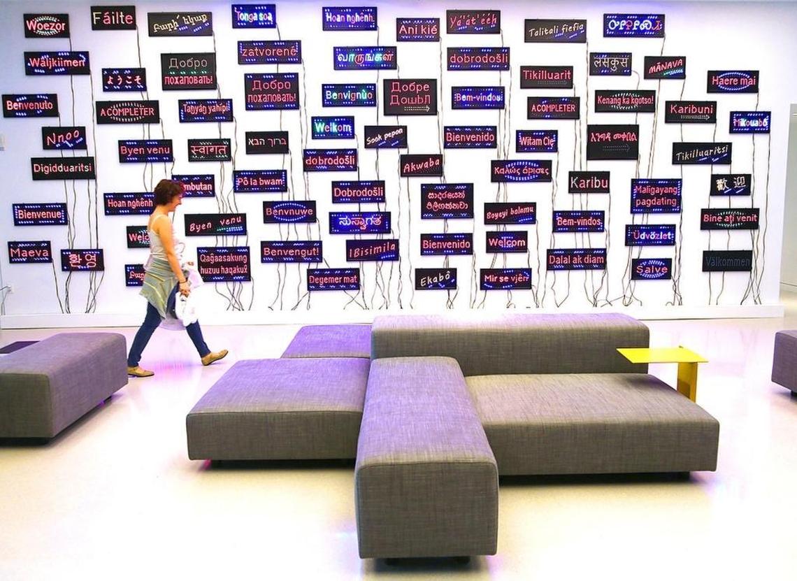 An installation in The Bass museum’s lobby by artist Pascale Marthine Tayou features the word "welcome" in different languages. The Bass museum of contemporary art in Miami Beach is reopening after 2 1/2 years of renovation and expansion.