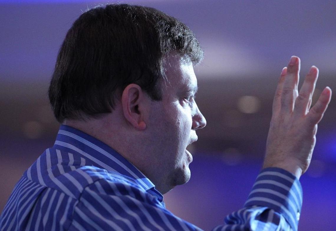 Pollster Frank Luntz speaks during a panel discussion at 85th Annual U.S. Conference of Mayors inside the Sparkle Ballroom on Miami Beach's Fontainebleau hotel on Sunday, June 25, 2017.