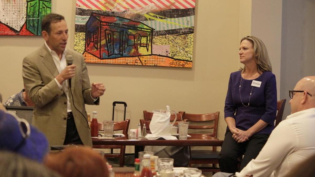 
Mark Samuelian, left, and John Elizabeth Alemán, right, answered questions from residents at the Tuesday Morning Breakfast Club’s last candidate forum this week. They are running for the Group 6 seat, currently held by outgoing Commissioner Deede Weithorn.

