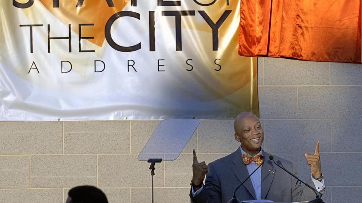 Mayor Oliver Gilbert delivers the state of the city address outside Miami Gardens City Hall in May 2015.