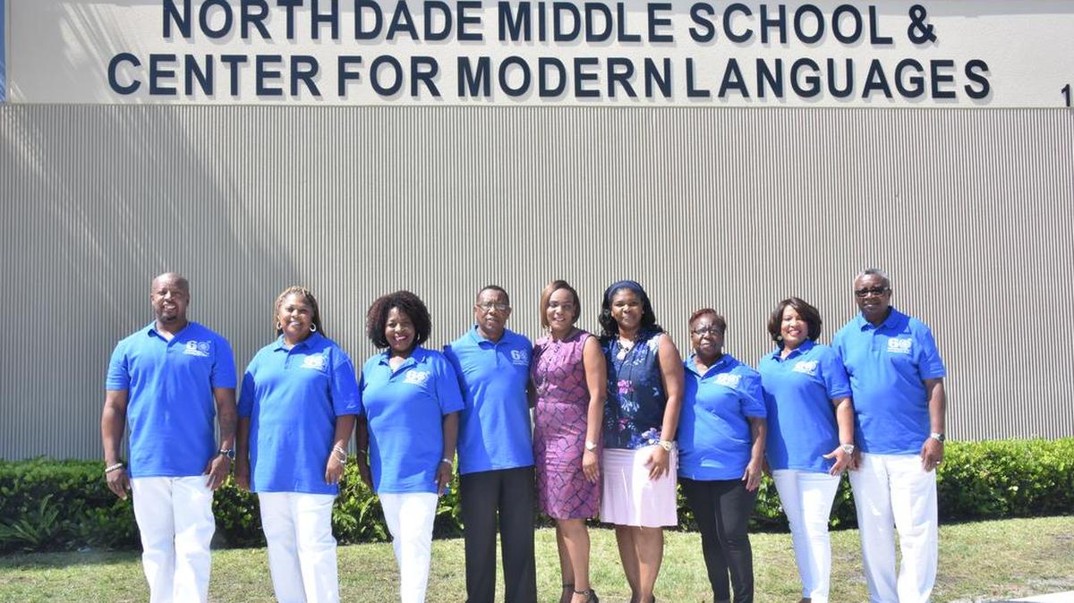 Members of the planning committee for North Dade Middle’s 60th Anniversary. From left to right: Roger Farrell, Brenda Providence, Jo Marie Payton, Ulysses Harvard (committee chair), Kayla Edwards(school assistant principal), Kharim Armand (school principal), Janet Picard, Melissa Williams and Paul Roberts.