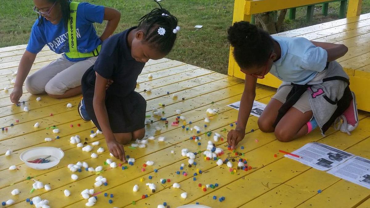 Parkview Elementary students (pictured L to R) Nyjah Hyde, 9, Zoey Goree, 11, and Dana Peterson, 11, pretend to be birds at the Environmental Science Center of Tomorrow dedication event at Parkview Elementary.