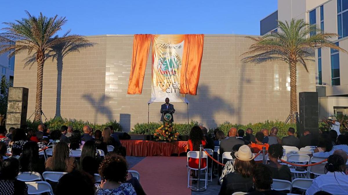 
Miami Gardens' Mayor Oliver Gilbert III delivering the state of the city address outside City Hall in May.
