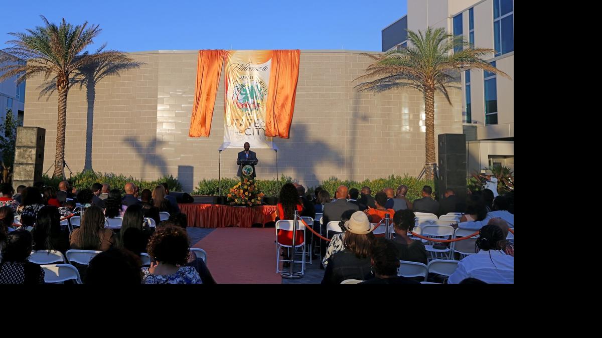 
Miami Gardens' Mayor Oliver Gilbert delivers the State of the City address in which he discussed goals for the city's future on the patio outside Miami Garden's City Hall, May 19, 2015.
