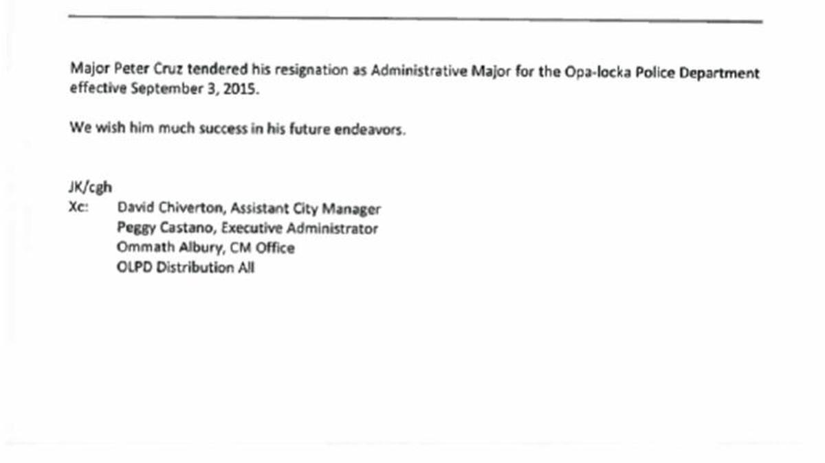 
Memorandum announcing Opa-locka Police Maj. Peter Cruz’s resignation.
