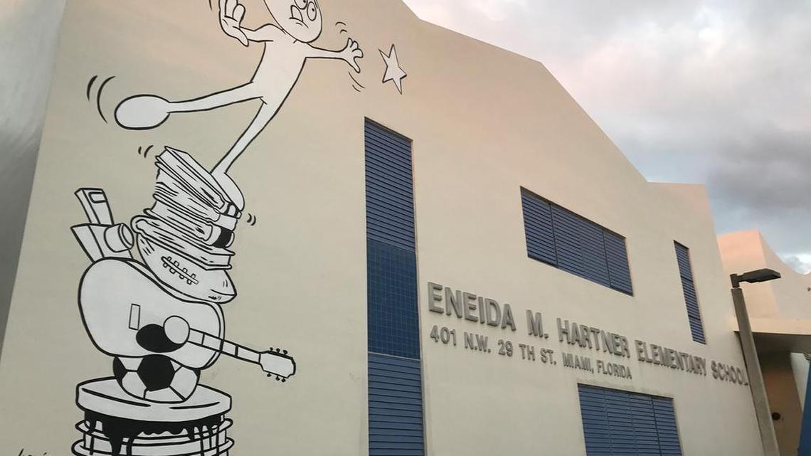 The finished mural by Miami Dolphins Wide Receiver Jarvis Landry, who painted the artwork at the entrance of Eneida M. Hartner Elementary School in Wynwood during Miami Art Week 2016. The project is part of the RAW Project, an arts program to enhance the arts at Wynwood schools.