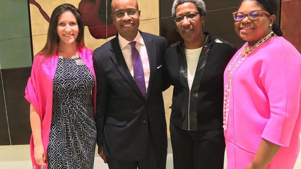 A group of civic leaders met at Little Haiti Cultural Arts Complex Thursday, Feb.25, 2016, to discuss the state of black philanthropy in Miami. Pictured: Rebecca Mandelman, vice president for strategy at The Miami Foundation; attorney Marlon Hill; Charisse Grant, senior vice president for programs at Miami Foundation and Sandy Dorsainvil, Little Haiti Cultural Arts Complex manager.