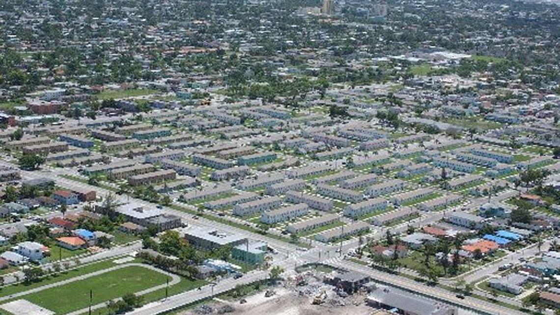 An aerial view of Liberty Square, which is slated for redevelopment. The new housing project could include a 77,000-square-foot charter school.