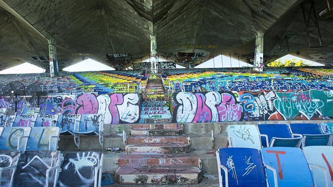 The interior of the historic but abandoned Miami Marine Stadium on Virginia Key