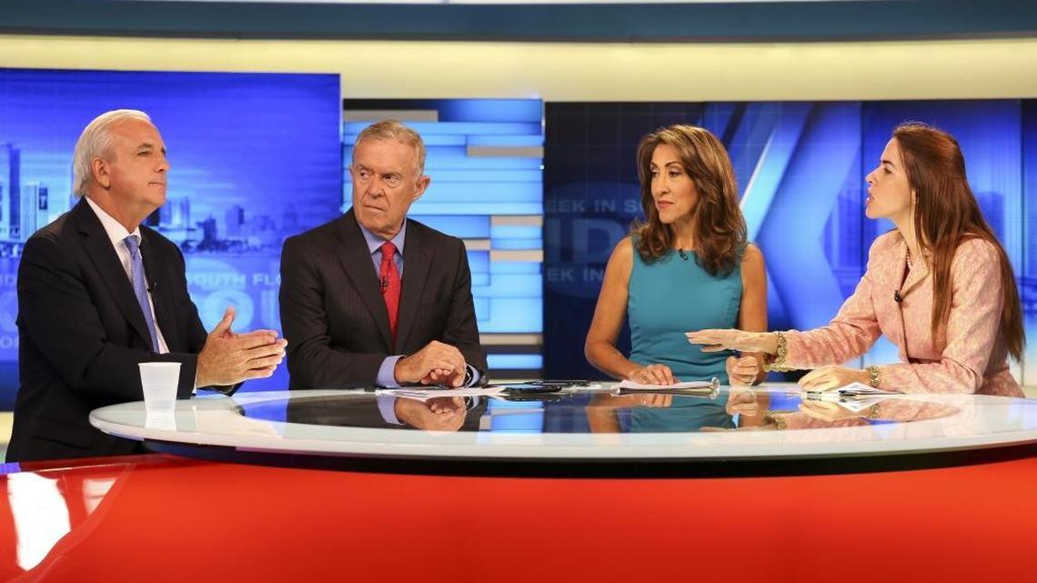 Mayor Carlos Gimenez, left, and Raquel Regalado, far right, debate live for the Miami-Dade mayor's race on Michael Putney and Glenna Milberg's “This Week in South Florida” at WPLG’s Channel 10 studios in Hollywood on Sunday, August 14, 2016.