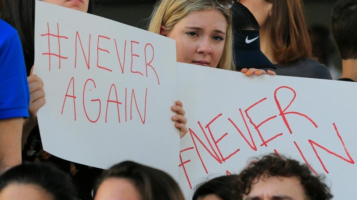 Jaclyn Corin, 17, a junior at Marjory Stoneman Douglas High School, rallies for stricter gun-control rules at a Feb. 17, 2018, rally in Fort Lauderdale.