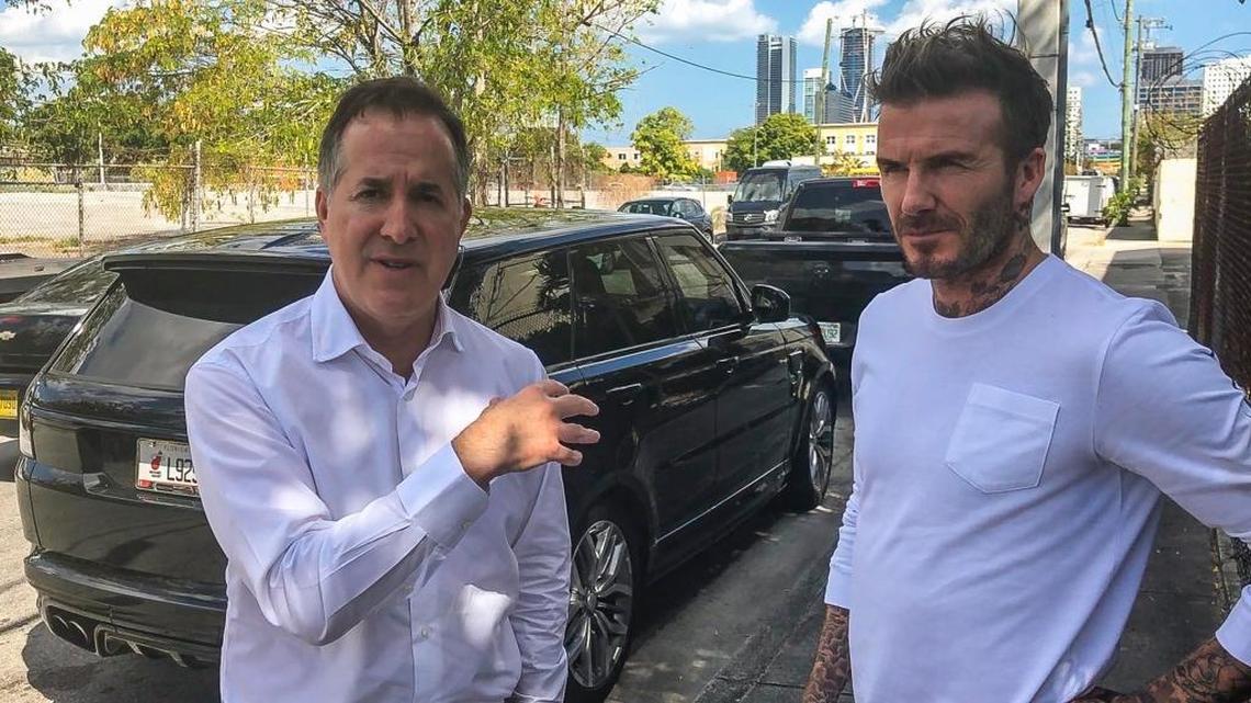 David Beckham and partner Jorge Mas during an interview on Friday, March 2, 2018, outside the land in Overtown they were in the process of buying from Miami-Dade County.