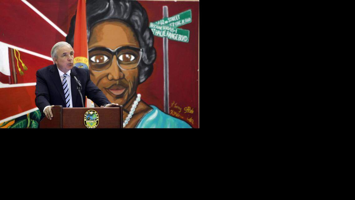 
Miami-Dade Mayor Carlos Gimenez speaks before a mural of civil rights leader M. Athalie Range in Liberty Square on Monday, Feb. 2, 2015. Gimenez announced a proposal to spend $74 million on a redevelopment of the neighborhood, Miami’s oldest public housing complex.
