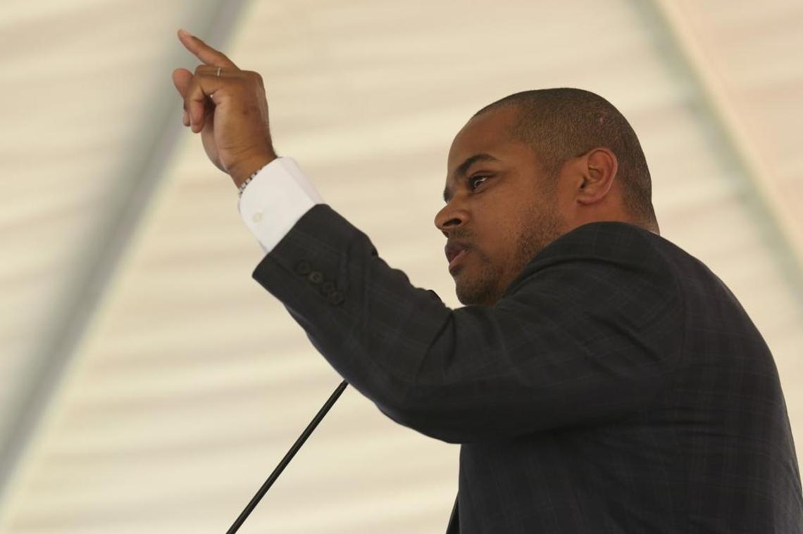 City of Miami Commissioner Keon Hardemon speaks during the Liberty Square groundbreaking ceremony.