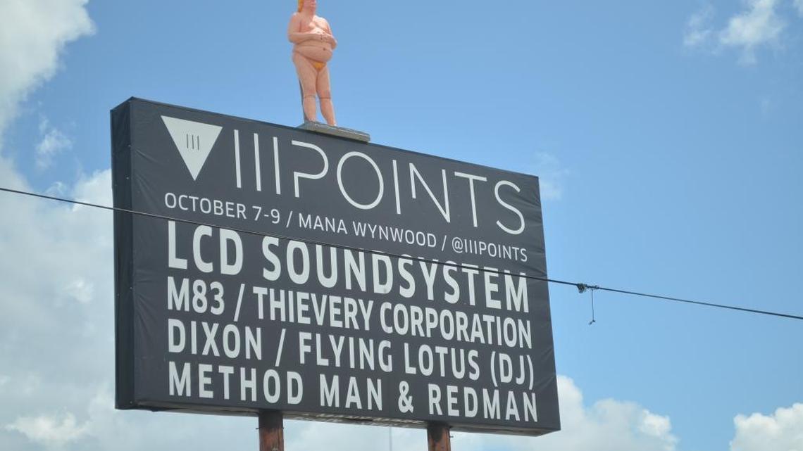 Overnight, a statue of a nude Donald Trump appeared atop a billboard in Wynwood, on the corner of NW 24th Street and NW 6th Avenue, facing the highway.