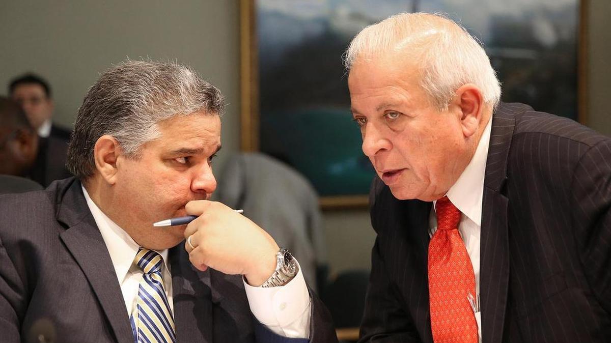 City of Miami Mayor Tomás Regalado speaks with city manager Daniel Alfonso at a July commission meeting.
