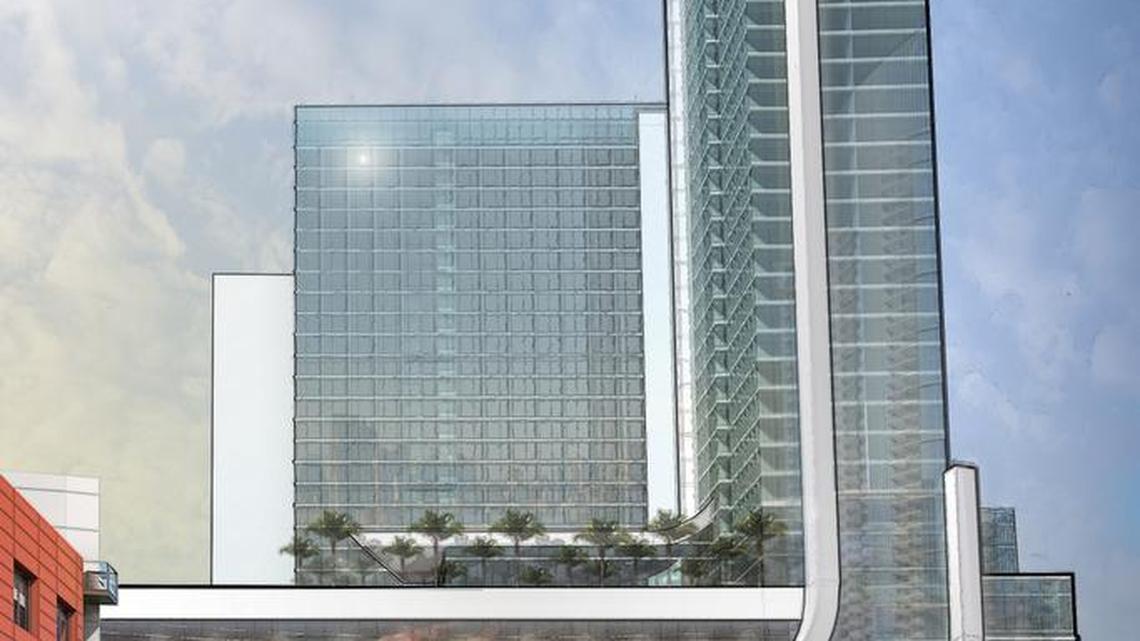 A rendering of the Marriott Marquis Miami Worldcenter Hotel & Expo proposed by MDM Development Group on the site of the old Miami Arena.