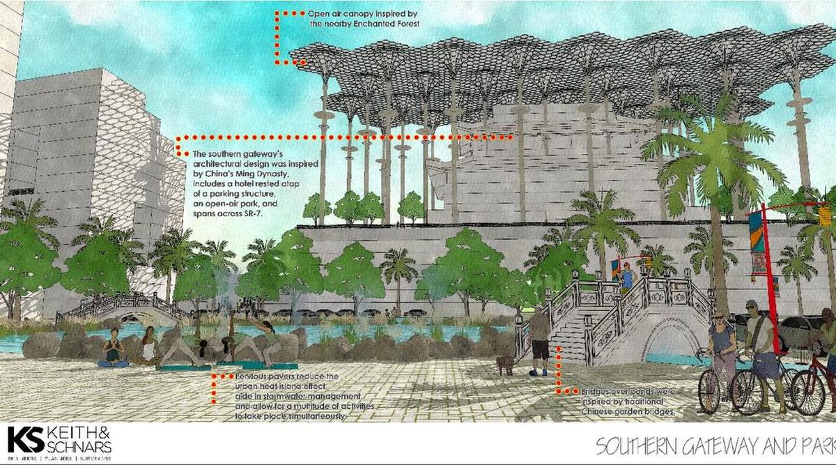 A rendering of the southern gateway to North Miami’s Chinatown arts district also shows a hotel and architectural elements inspired by China’s Ming Dynasty.