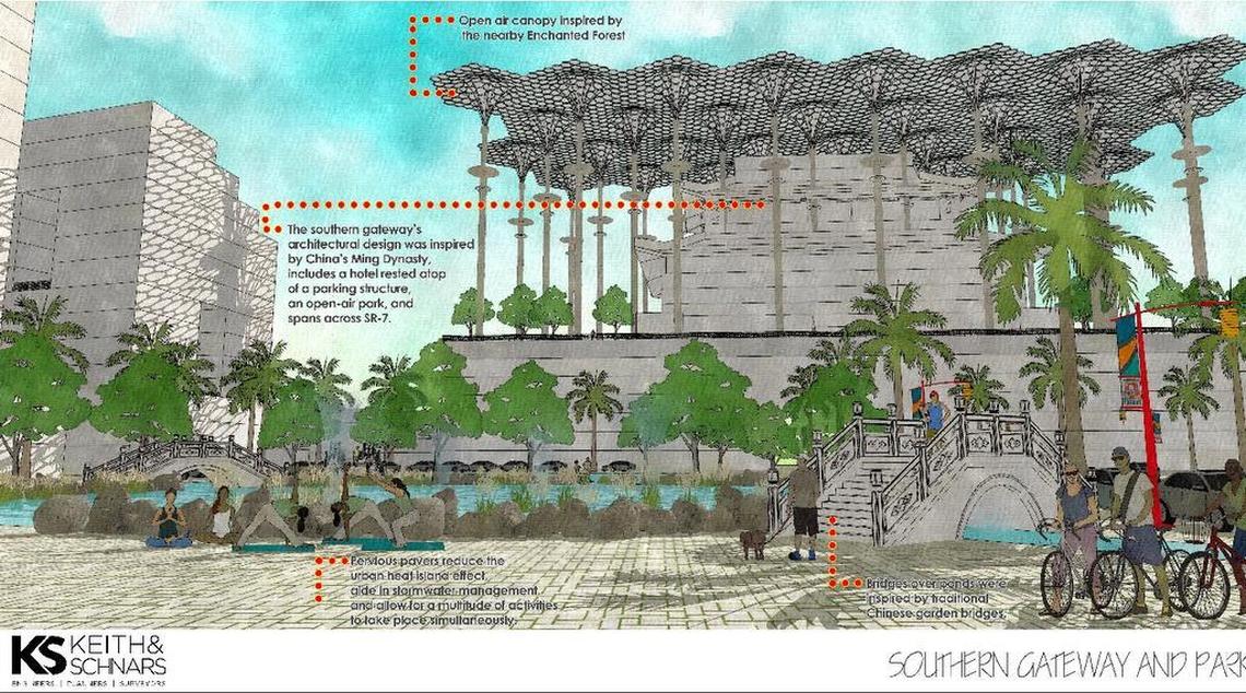 A rendering of the southern gateway to North Miami’s Chinatown arts district also shows a hotel and architectural elements inspired by China’s Ming Dynasty.