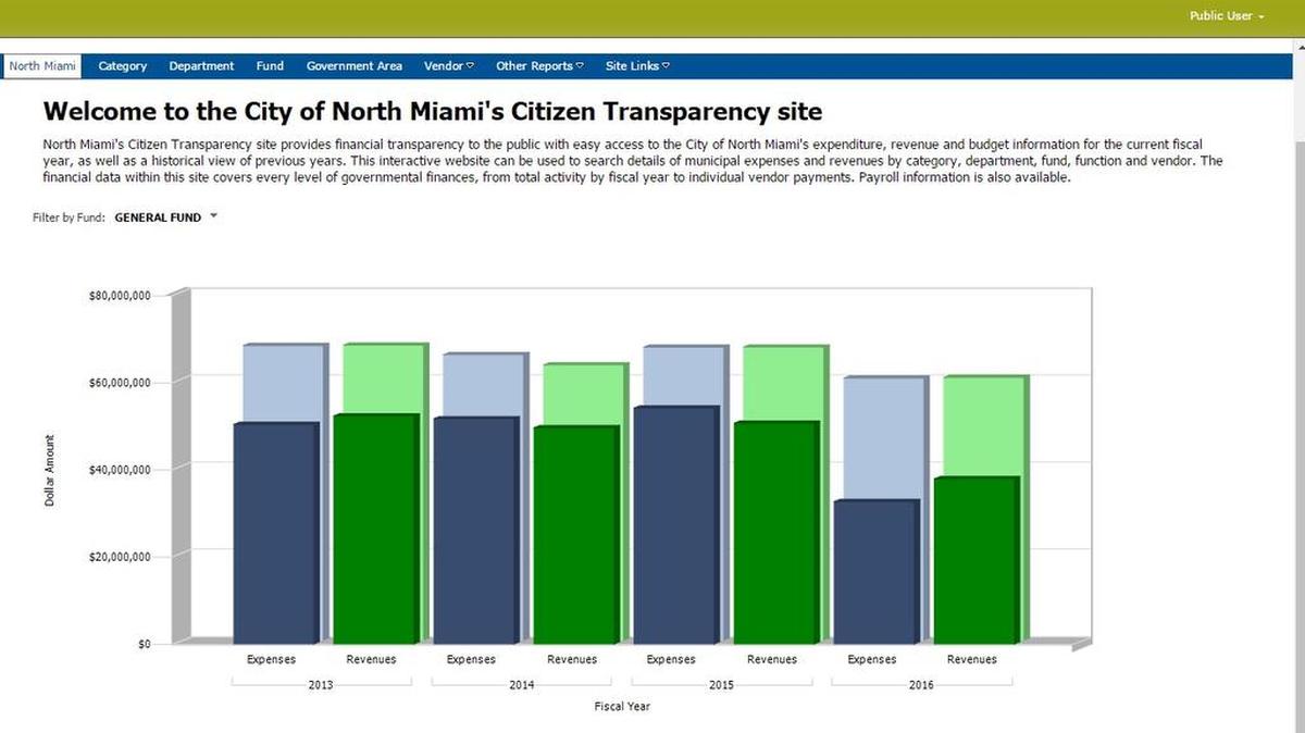 A screengrab of the landing page for North Miami’s citizen transparency portal.