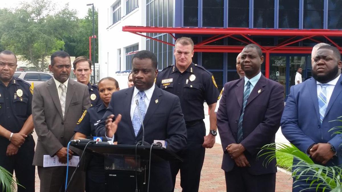 
North Miami Mayor Smith Joseph discussing the city’s decision to end its red-light camera program outside North Miami police headquarters, 700 NE 124th St., on Sept. 30.

