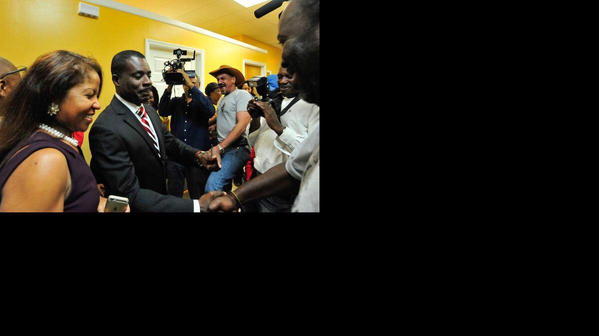 
Dr. Smith Joseph, mayor-elect of North Miami, greeting supporters at his campaign headquarters on election night.
