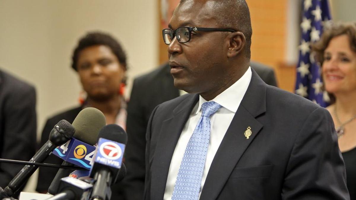 North Miami Councilman Philippe Bien-Aime, as acting mayor, addressing the media in 2014.