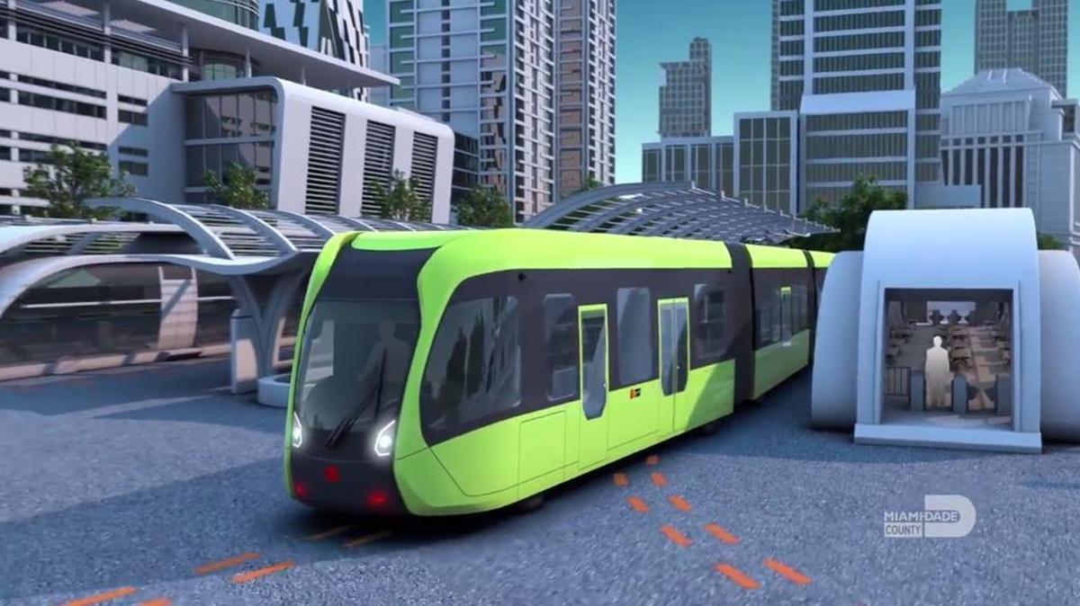 A promotional image of a high-tech bus made in China that’s designed to operate as a “trackless train,” with a capacity of about 300 passengers, multiple cars and a network of rail-like stations with air conditioning and group boarding.