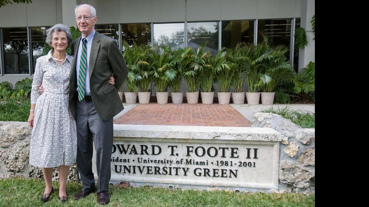 
UM GREEN: Roberta “Bosey” Foote and her husband, former University of Miami President Edward “Tad” Foote II, on the campus green she helped make possible.
