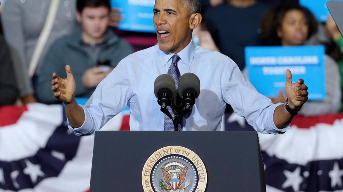 President Barack Obama speaks during a campaign rally for Democratic presidential candidate Hillary Clinton in Greensboro, N.C., Tuesday, Oct. 11, 2016.