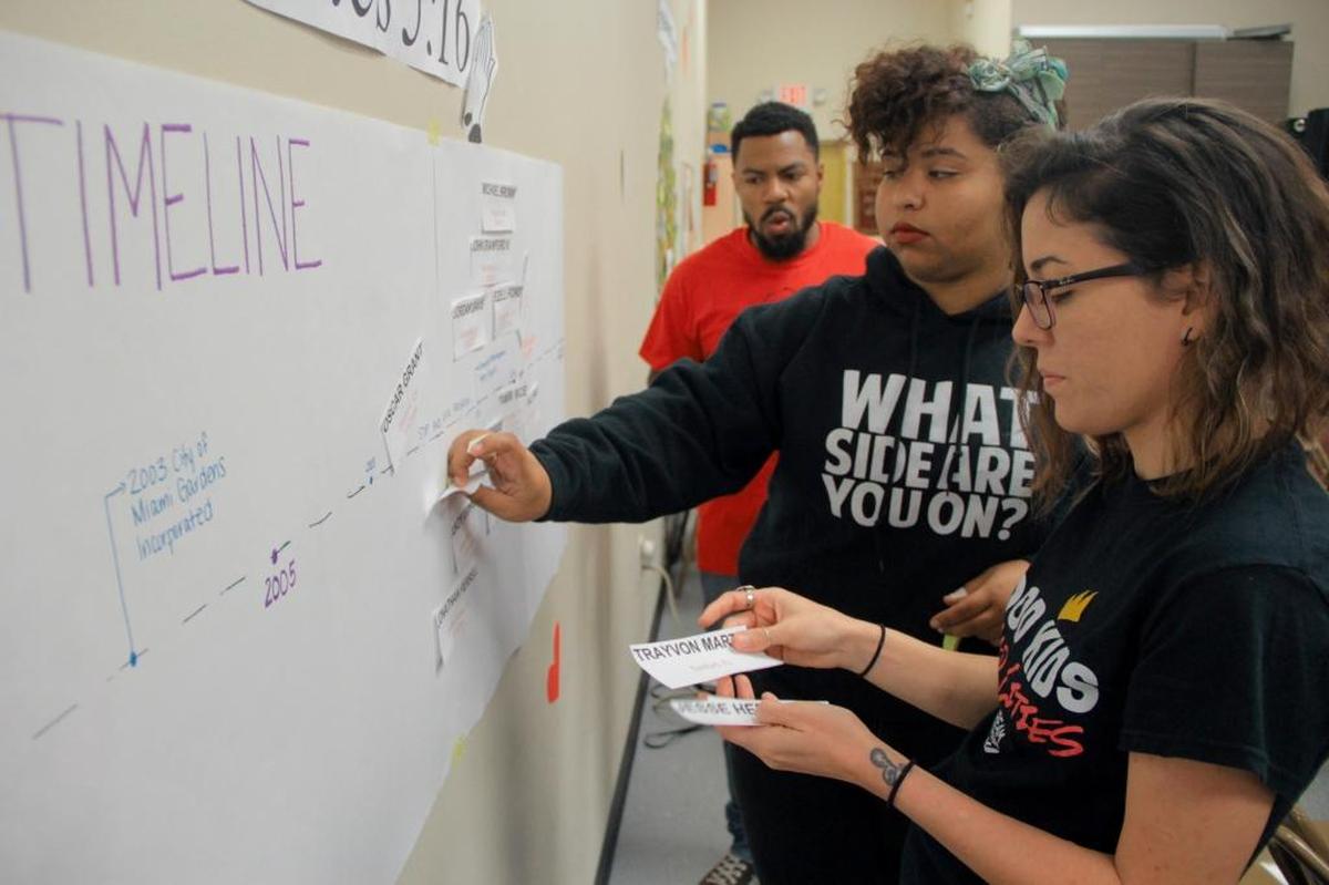 Dream Defenders then-executive director, Phillip Agnew, and Dream Defenders members Shamile Louis, center, and Arely Lozano-Baugh, post notes written by members of the Miami Gardens community onto a poster on Feb. 21, 2015.