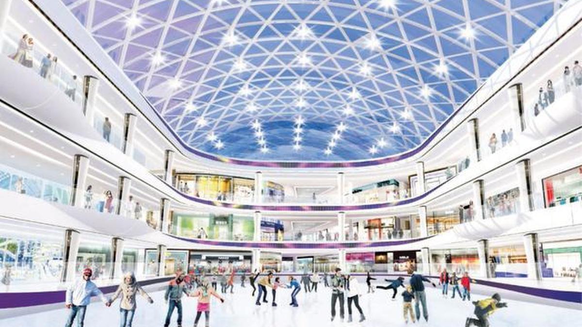 Shops in the proposed American Dream Miami entertainment complex surround an indoor ice-skating rink in this artist’s rendering from developer Triple Five’s proposal. The American Dream Miami mega-mall received the initial go-ahead from Miami-Dade commissioners in May 2018. Seven years later, construction hasn’t started and the developer wants county subsidies to jumpstart the project.