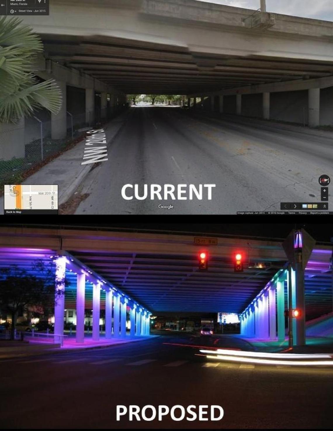 The Northwest 20th Street underpass below I-95 as it is now and how it would look if proposed LED lighting is installed.