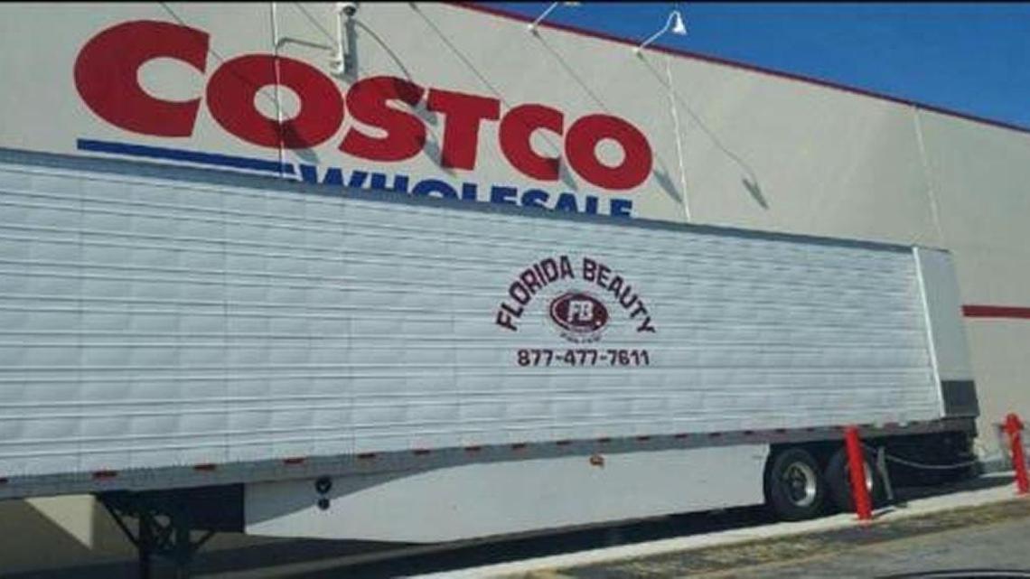 One of Florida Beauty's new refrigerated floral delivery trailers sits in front of Costco in Kendall. Two of these trailers were stolen from the Costco late Tuesday night. They were filled with $18,000 worth of Christmas trees.